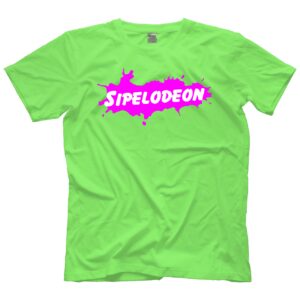 A green tshirt with the word sipelodeon kept on a white background